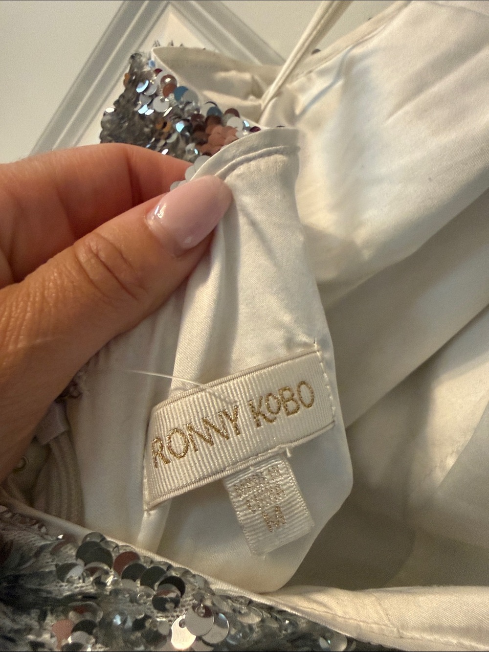 Ronny Kobo Silver Sequin Halter Dress with Ivory Lining - Picture 2 of 3